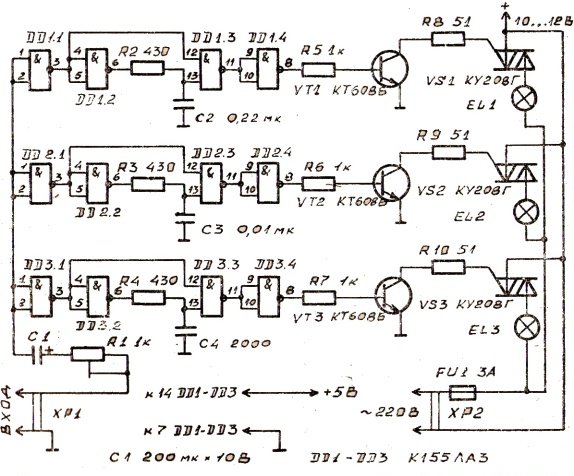 Цветомузык�а на транзисторах КТ805АМ (3-х канальная)